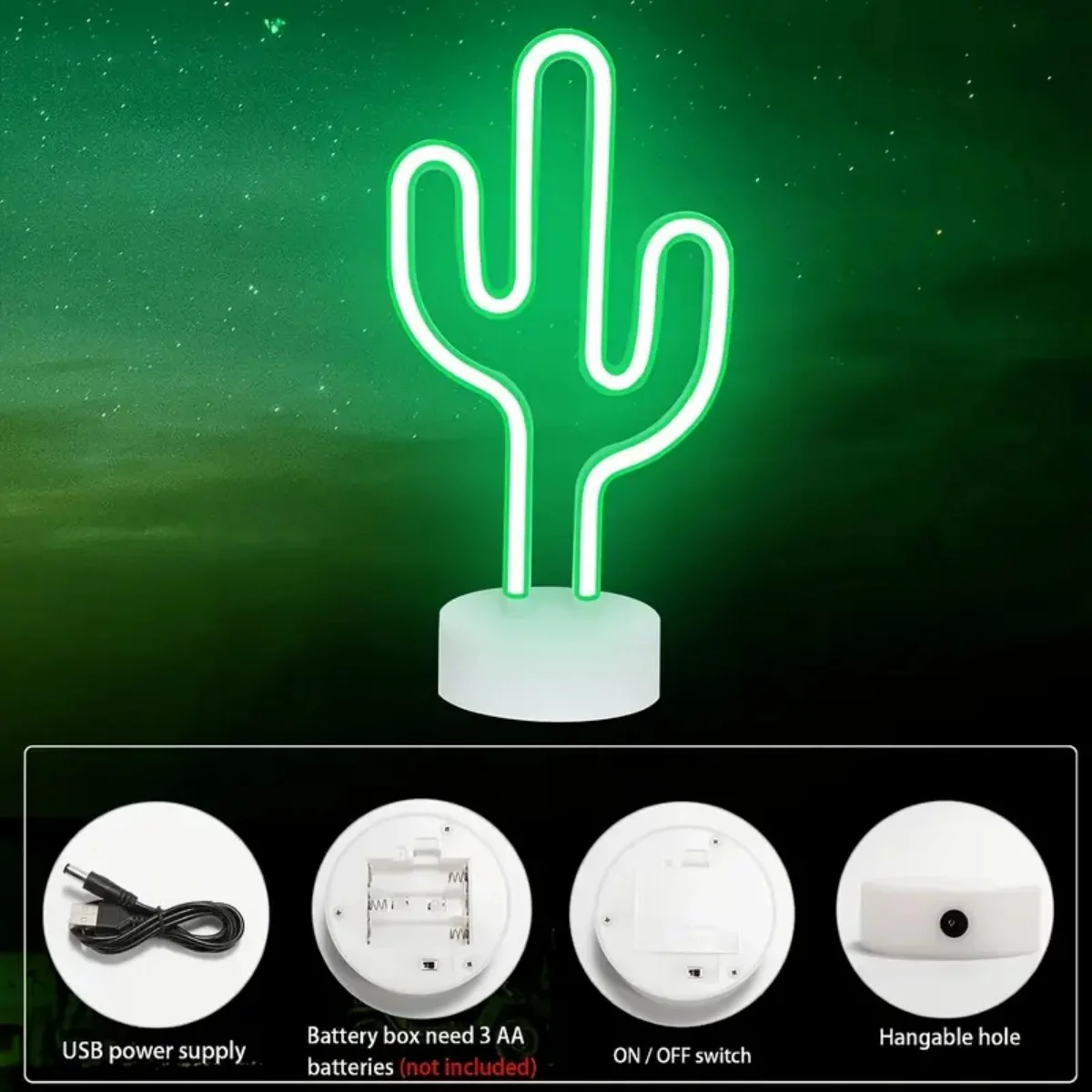 1pc Green LED Cactus Neon Light With Base Decorative Bedroom Light Desktop Night Lamp Suitable For Wedding Birthday Party Decor