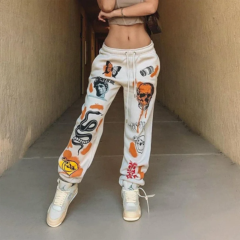 Women Sweatpants Joggers Y2K Harajuku Cartoon Skull Printed Streetwear Sweatpants Pants Casual High Waist Sweatpants 2024 New