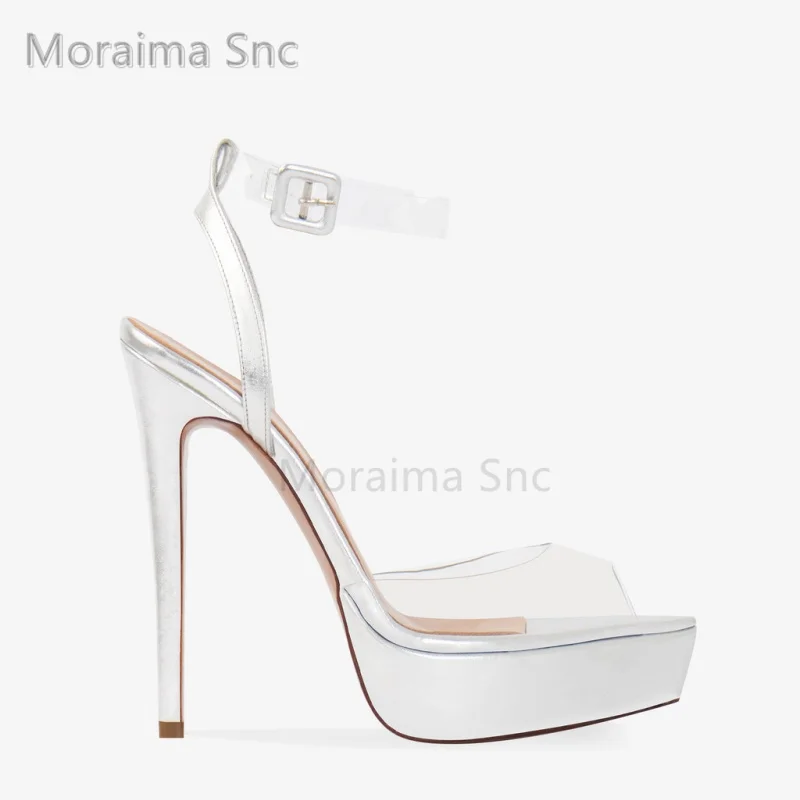 

Pvc Platform Peep Toe Sandals Women Sexy Fashion Clear Transparent Buckle Strap Summer High Heels Silver Party Dress Shoes