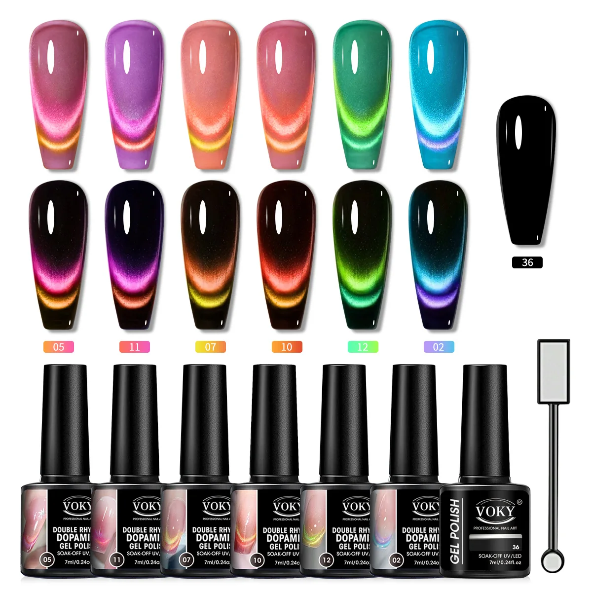 VOKY 7 STKS Dubbele Kleur Cat Eye Gel Nagellak Set, 6 kleuren UV-gel + zwarte basisgel + magnetische stick, en DIY nail art