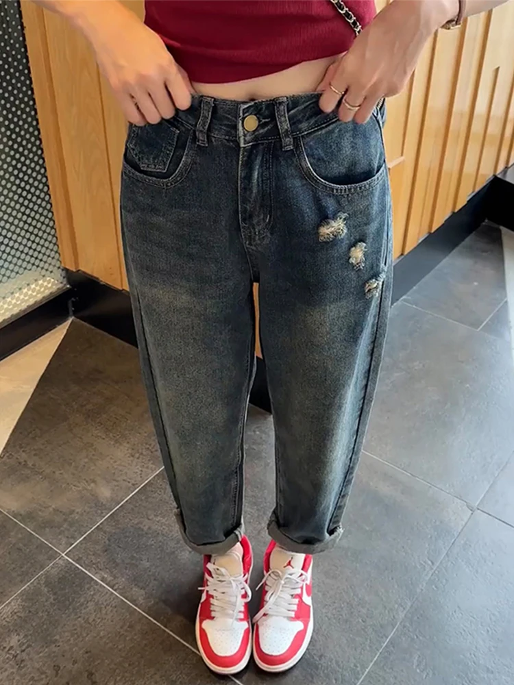 

plus Size Vintage Harem Denim Jeans Women's High Waist Slimming Nine-Piece Dad Carrot Pants Casual Worn Blue Spring New