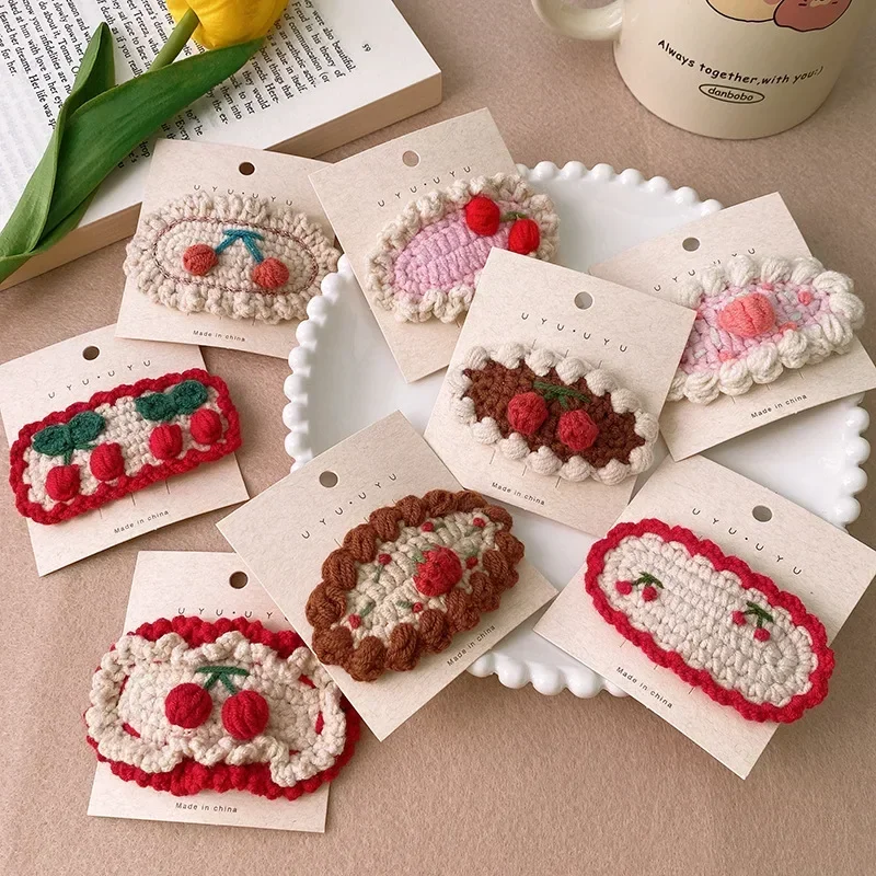 1 Piece Furry Sweet Girl Hair Clip Beige Coffee Color Cherry Strawberry Hair Pin Handmade Knitted Embroidery Kids Barrettes