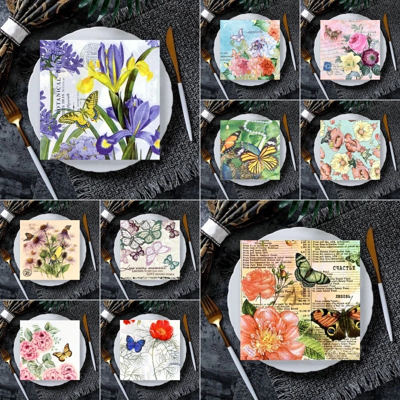 20Pcs/8Pcs Mix Butterfly Flower Decoupage Paper Napkins Vintage Paper Tissues for Party Tableware Wedding Xmas Festival Supplies