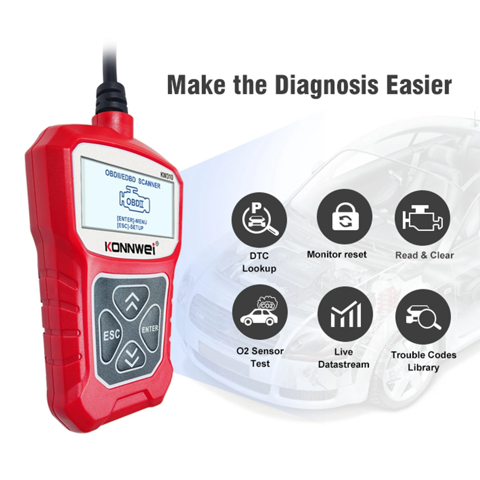 OBD2 Scanner Enhanced OBDII Diagnostic Scan Tool Automotive Code Reader Checks Engine Light, KONNWEI KW310