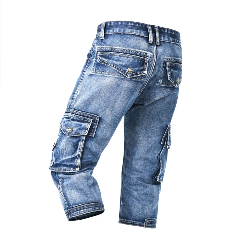 Calças cortadas jeans masculinas com vários bolsos, shorts soltos de perna reta, calças casuais lavadas e usadas