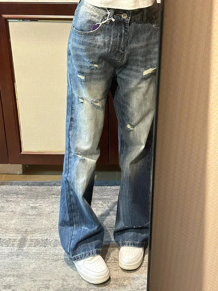 

Retro Washed Blue Denim Jeans Men's High Street Vibe Torn Loose Straight Leg Jeans Youthful Trend Cotton Polyester Blend