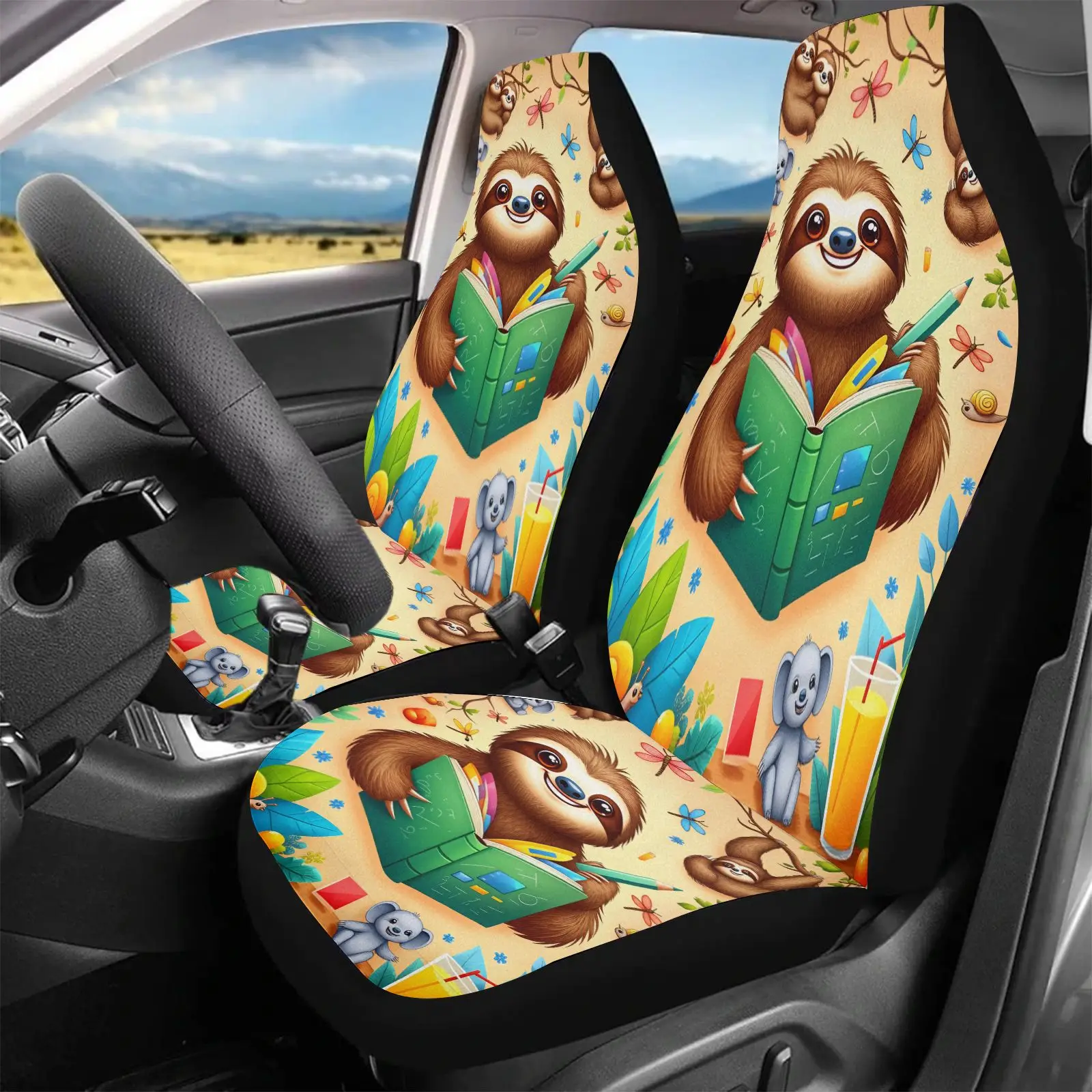 Car Seat Covers Beige Sloth Reading Book And Animals Print | Non- Polyester Fabric, Universal Fit For Car Interior Decoration