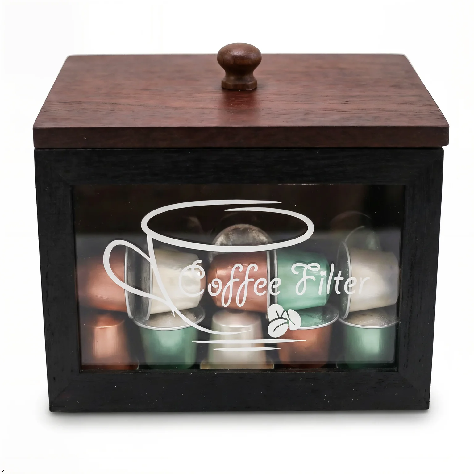 Coffee Pod Holder Compatible with Nespresso Vertuo K Cup Pods Box Wooden Lid Coffee Bar Organizer