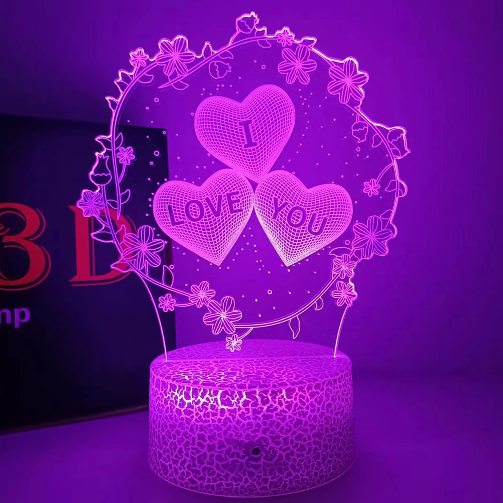 TI AMO Luce notturna 3D con cuore Interruttore tattile a LED Atmosfera colorata per la decorazione domestica Lampada da tavolo leggera San Valentino