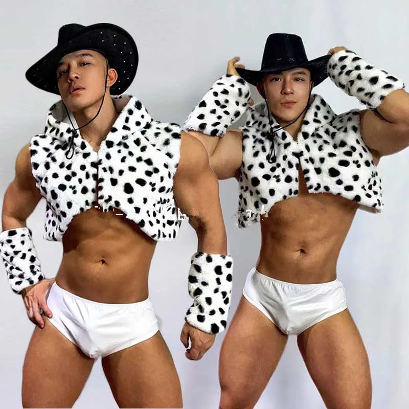 

Sexy Gogo Dancer Clothing Men Nightclub Bar Clothes Western Cowboy Performance Outfit Male Rave Wear Cow Dot Coat Shorts