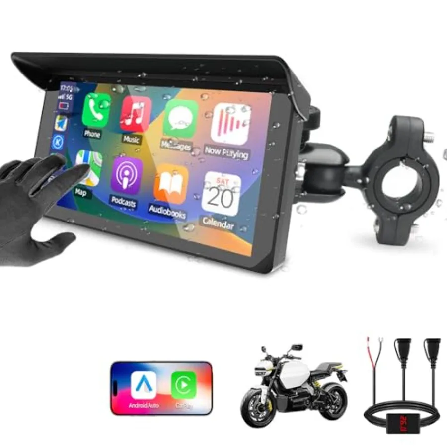 Motorcycle Carplay Screen, Wirel Carplay and Android Auto, HD Motorbike Touchscreen, Dual USB Port Power Cable, Temperature and