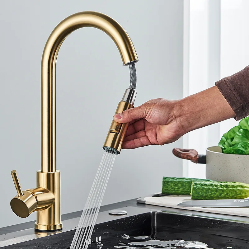 304 stainless steel kitchen pull-out faucet with gold and black brushed design, sink and vegetable basin pull-out faucet