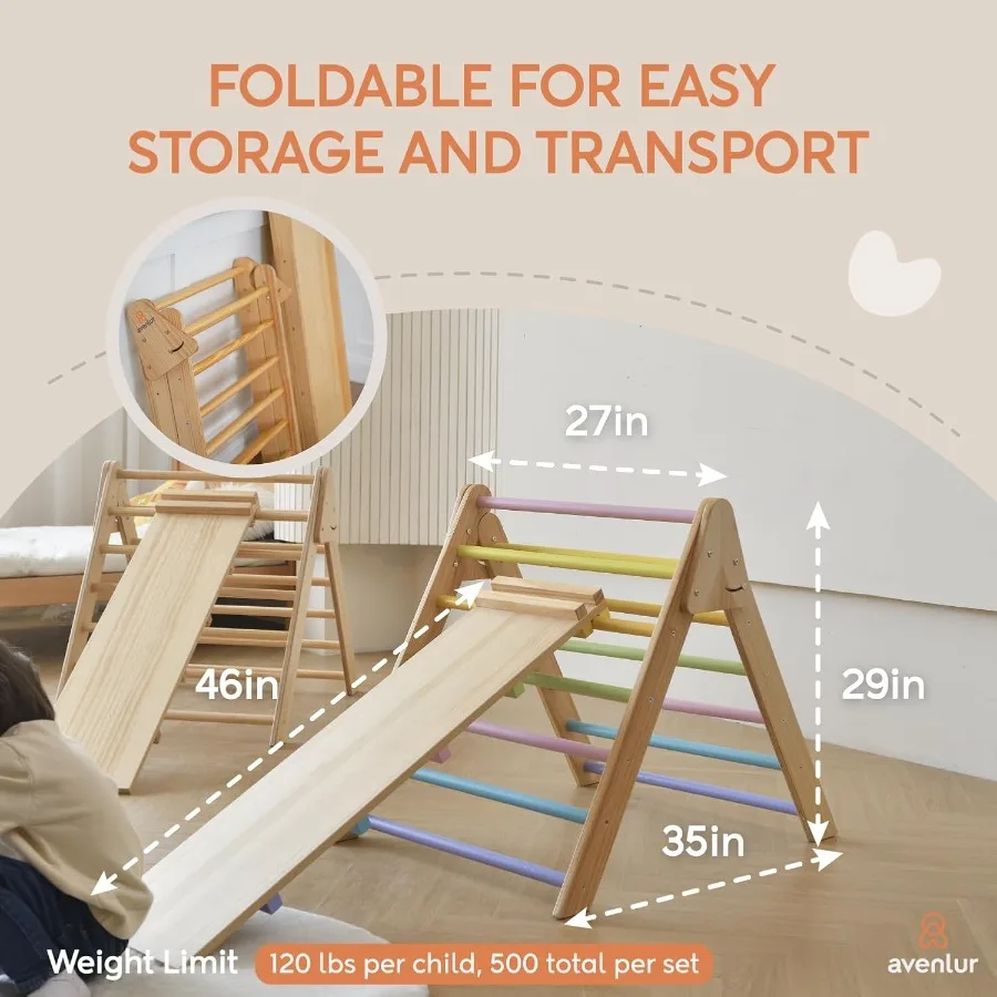 Olive 3 w 1 Składana Trójkątna Drabinka i Zjeżdżalnia Montessori Zestaw do Wspinaczki Drewniana Siłownia Wspinaczkowa do Użytku Wewnętrznego dla Dzieci w Wieku od 1 do 6 Lat