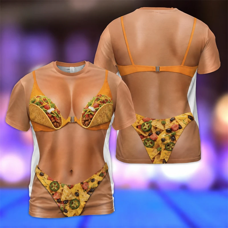 Funny 3D Bikini Women T-shirt Novelty Fruit Food Printed Swimsuit Short Sleeve Top For Men And Women Summer Beach Party Gifts