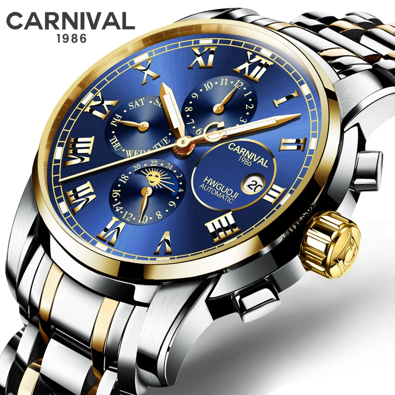 

Carnival Brand Fashion Mechanical Watch for Men Stainless Steel Waterproof Multifunction Moon Phase Calendar Luxury Mens Watches