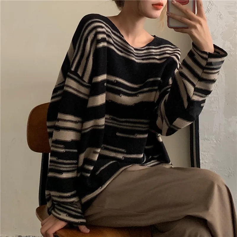 Striped Sweater Women Long Sleeve Loose Patchwork Gothic Knitted Jumpers Hip Hop Autumn Retro Oversize Pullover