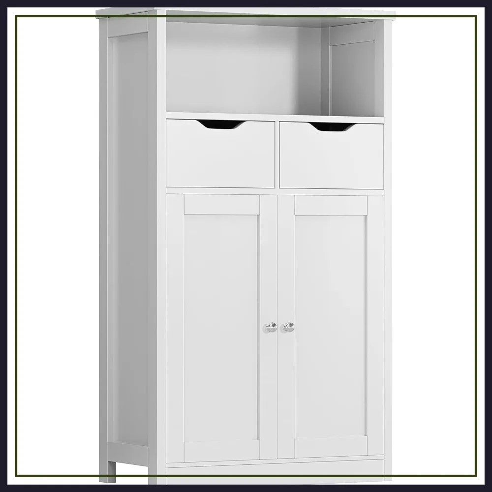 

Floor Storage Cabinet with Doors and Drawers, Freestanding Side Cupboard for Bathroom Kitchen Living Room, White
