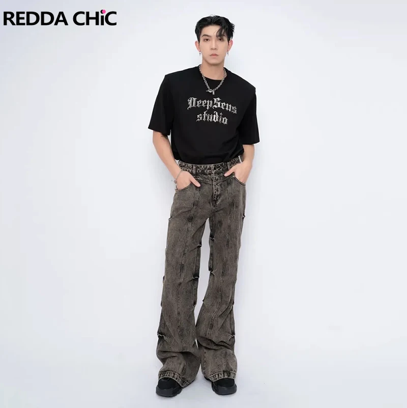 REDDACHIC Distressted Shirring Men Flare Jeans Retro Y2k Ruched Pants Bootcut Wide Leg Stacked Trousers High Street Punk Clothes