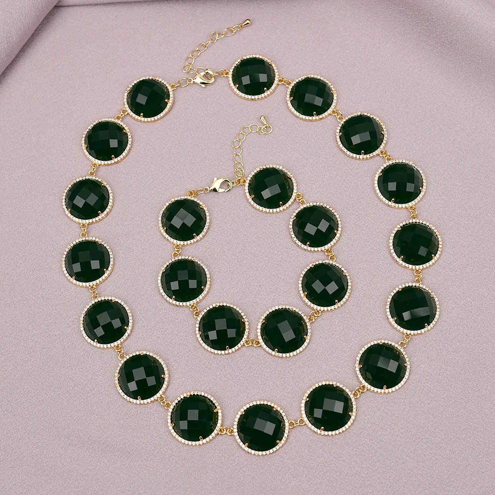 GG Gold Edge Plated Green Jade Coin CZ Rhinestone Paved Connector Beads Necklace Bracelet Sets