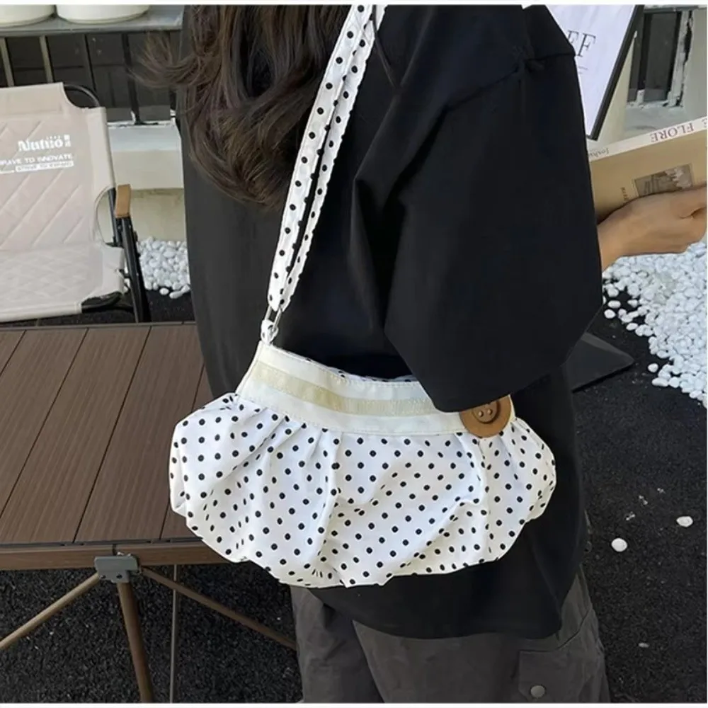 Casual Polka Dot Underarm Bag Wooden Button-Decor Adjustable Strap Shoulder Bag Pleated Handbag Women