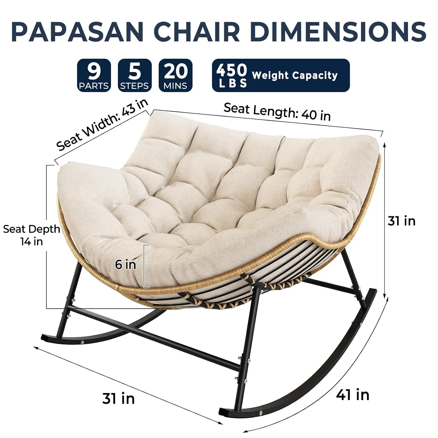 Oversized Papasan Rocking Chair, Cream Wicker Lounge Rocker with Thick Cushion, Steel Frame for Outdoor Indoor Patio