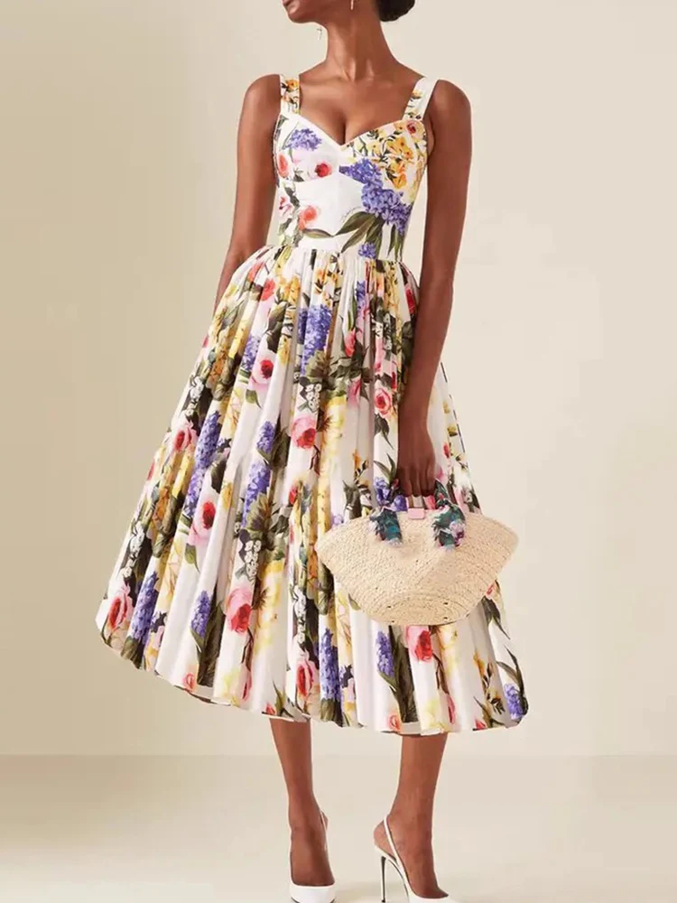 

Fashion catwalk sexy one-shoulder sleeveless halter dress spring and summer new women's cotton print waist swing dress