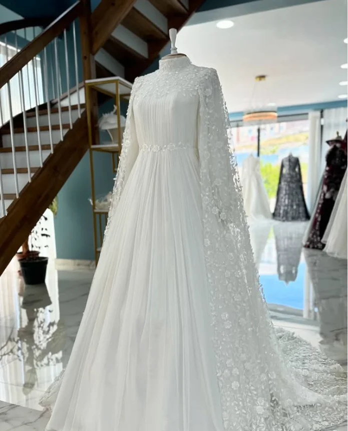 White Muslim Caftan Wedding Dresses with Sleeve Cape Floral Lace Chiffon Customsized Kaftan Turkey Bridal Gown Outfit