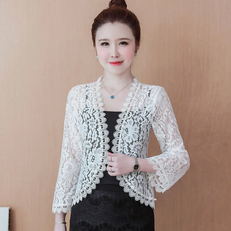 Fashion Long Sleeve Beading Hollow Out Lace Cardigan Women Jacket Black White Short Jacket Women Clothes Coat Women Jackets G39