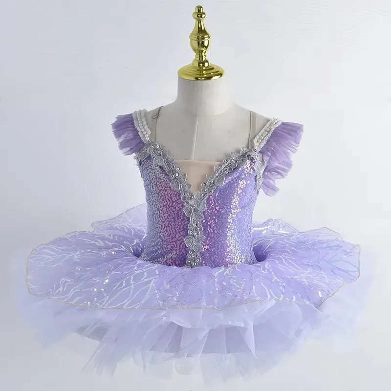 Saia de balé com lantejoulas bufantes para meninas, tutu profissional para crianças, performance de dança de cisne, vestido de princesa infantil