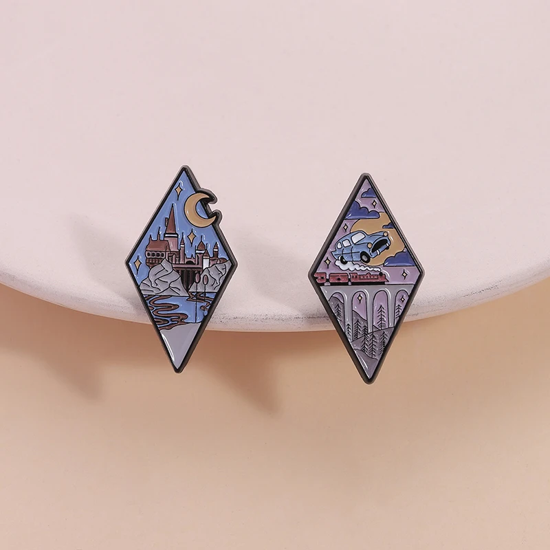 Car Castle Magic World Enamel Pin Cartoon Rhombus Metal Brooch Lapel Backpack Badge Jewelry Accessory Fine Gift For Friends