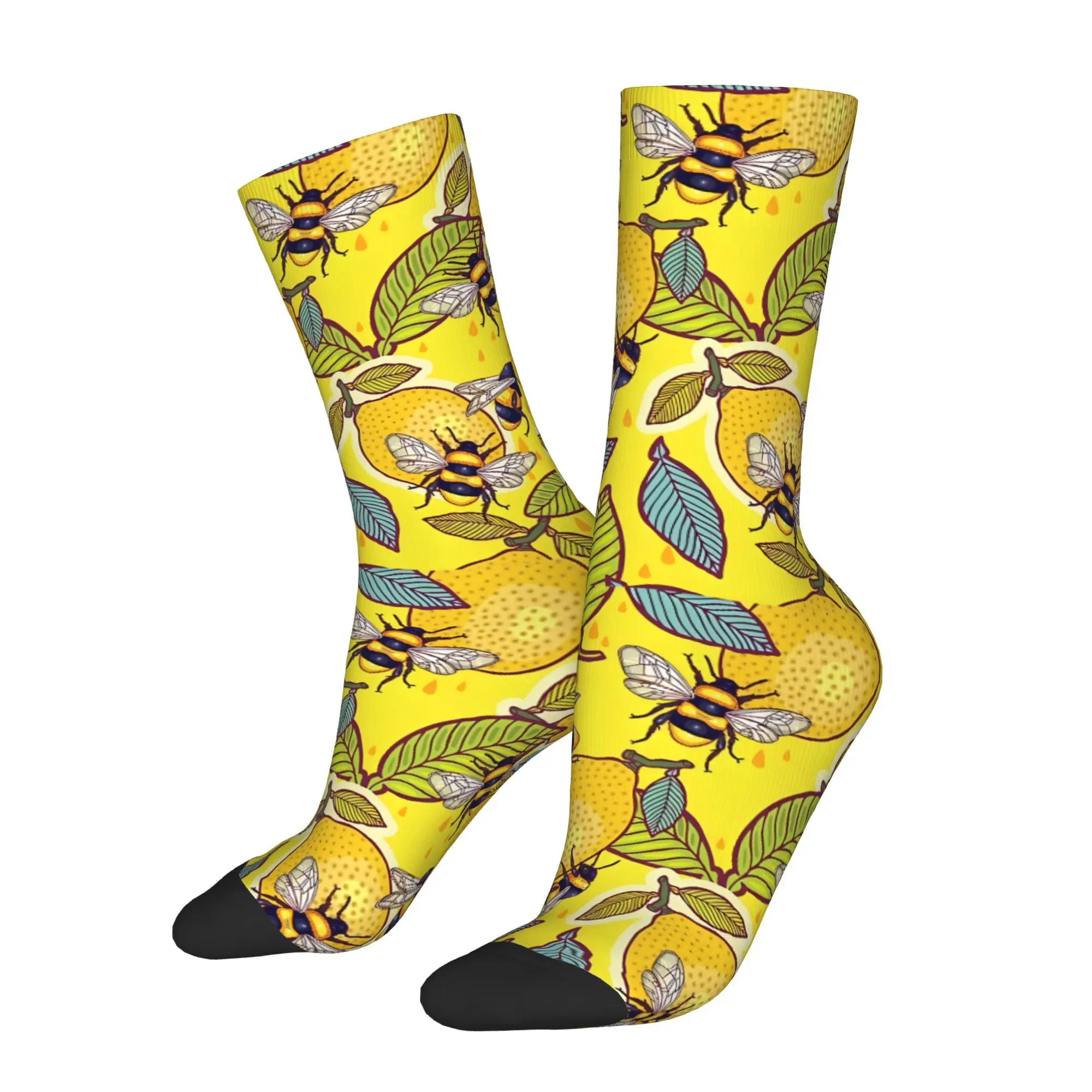 

Funny Happy Sock for Men Yellow Lemon And Bee Harajuku Breathable Pattern Printed Crew Sock Casual Gift