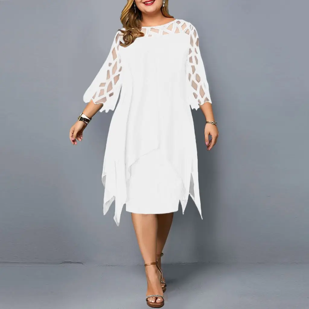 

Elegant Midi Party Dress For Chubby Women 6xl O Neck Lace Sleeve Hollow Out Solid Sexy Women'S Clothing Evening Dresses