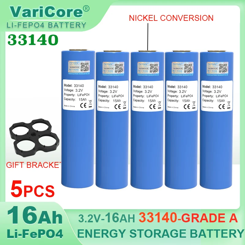 

5pcs 3.2v 33140 15Ah LiFePO4 Lithium Iron Phosphate Battery diy 4s 12v 24V Solar Inverter Boat E-scooter power tools +Nickel