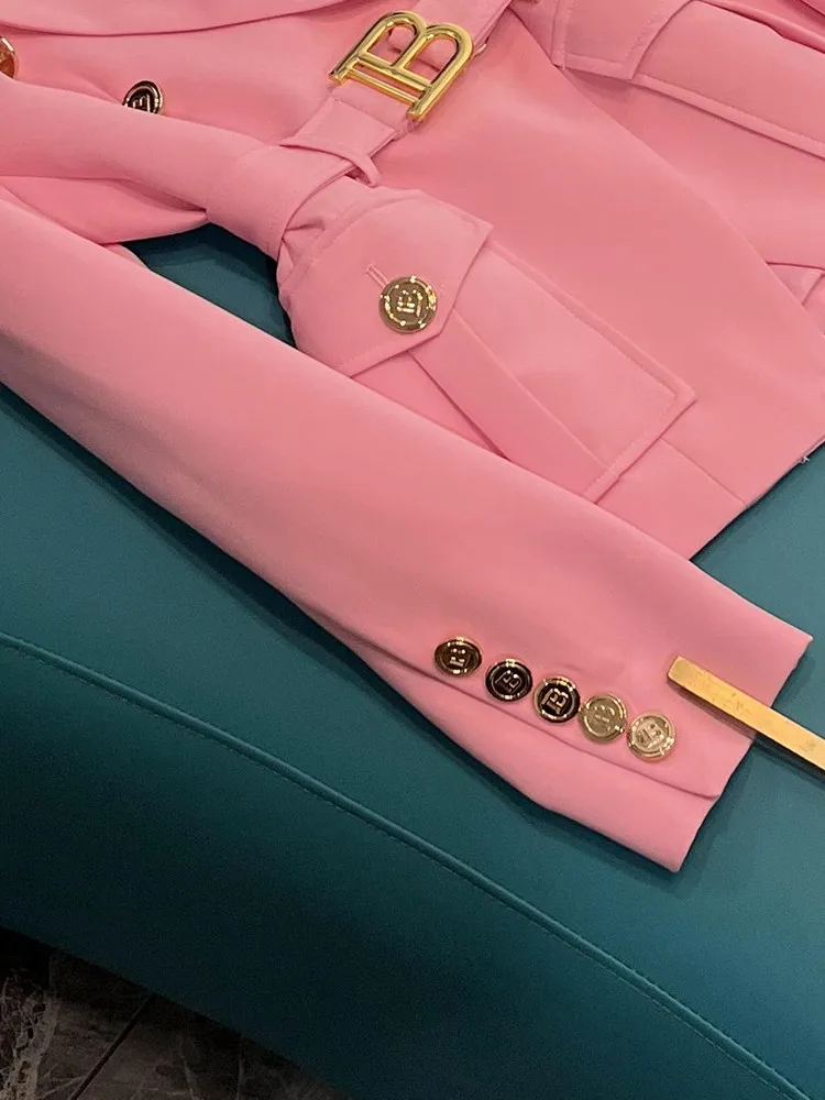 Ele ort Pink Suit Jaet Women's Faion High Quali Belted Waist Design Commute Sle Long Sve Button Detail