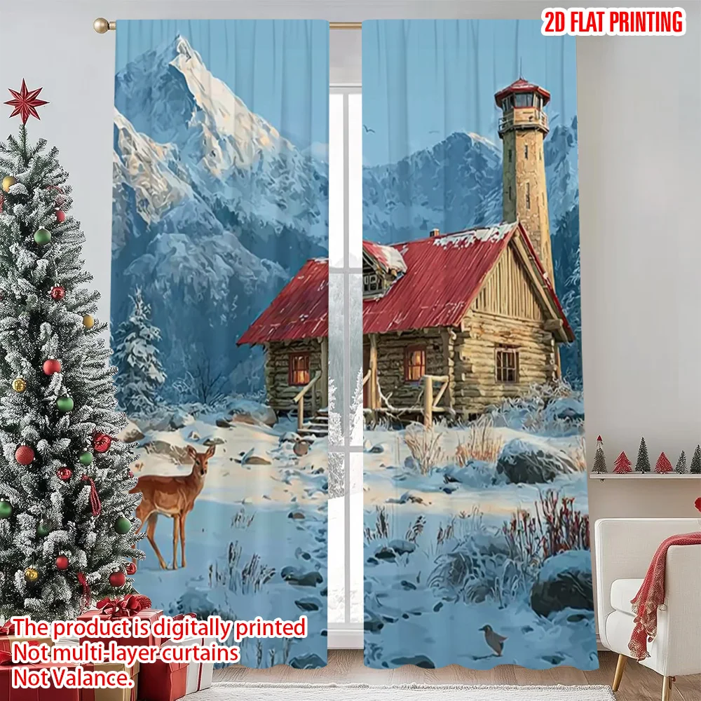 

2pcs 2D flat printing Merry Christmas Window Drapes Cardinal Deer Versatile Durable Polyester Without Electricity Party