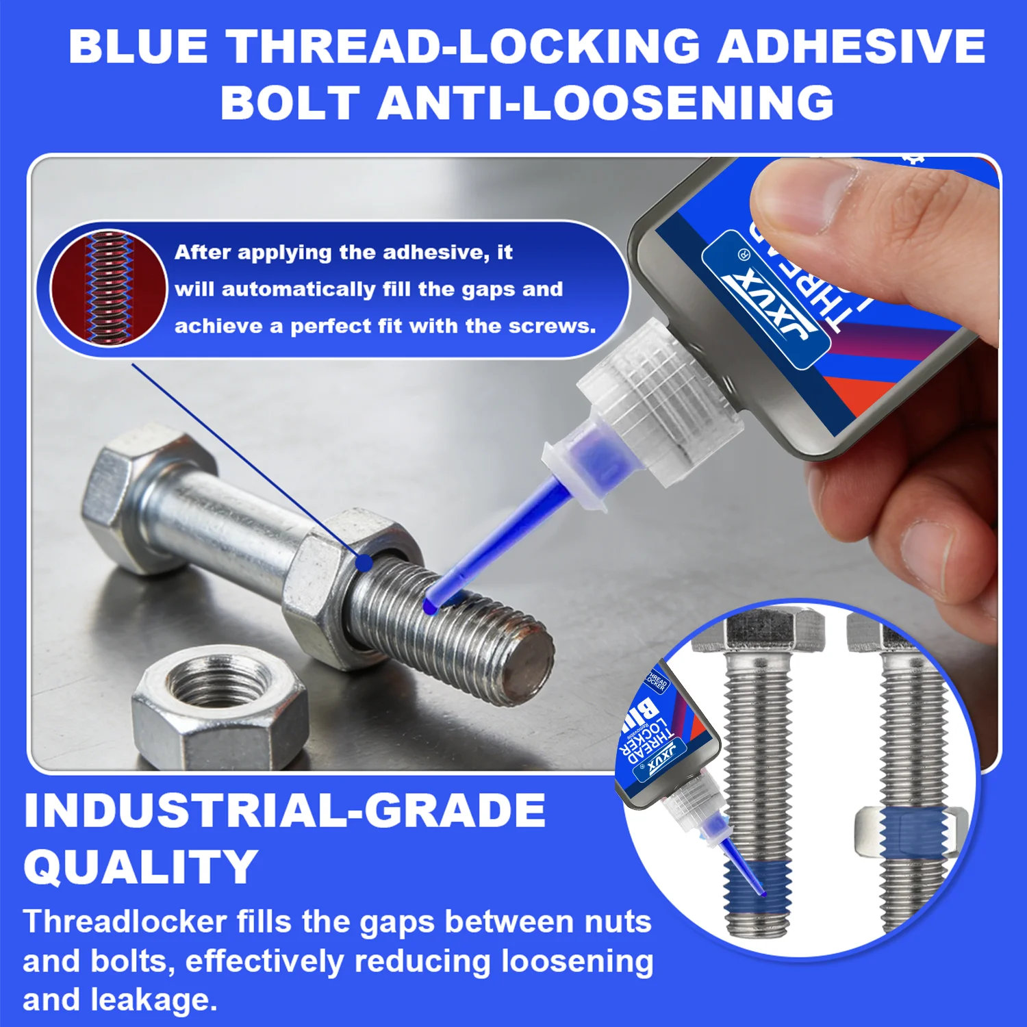 50g Threadlocker Anaerobic Glue Blue Medium Strength Automotive-grade LockerThread for Metal, Fasteners, Nuts, Bolts to Against Losening Lock Tight Seal Fasteners  Curing Metal Glue,Rustproof.