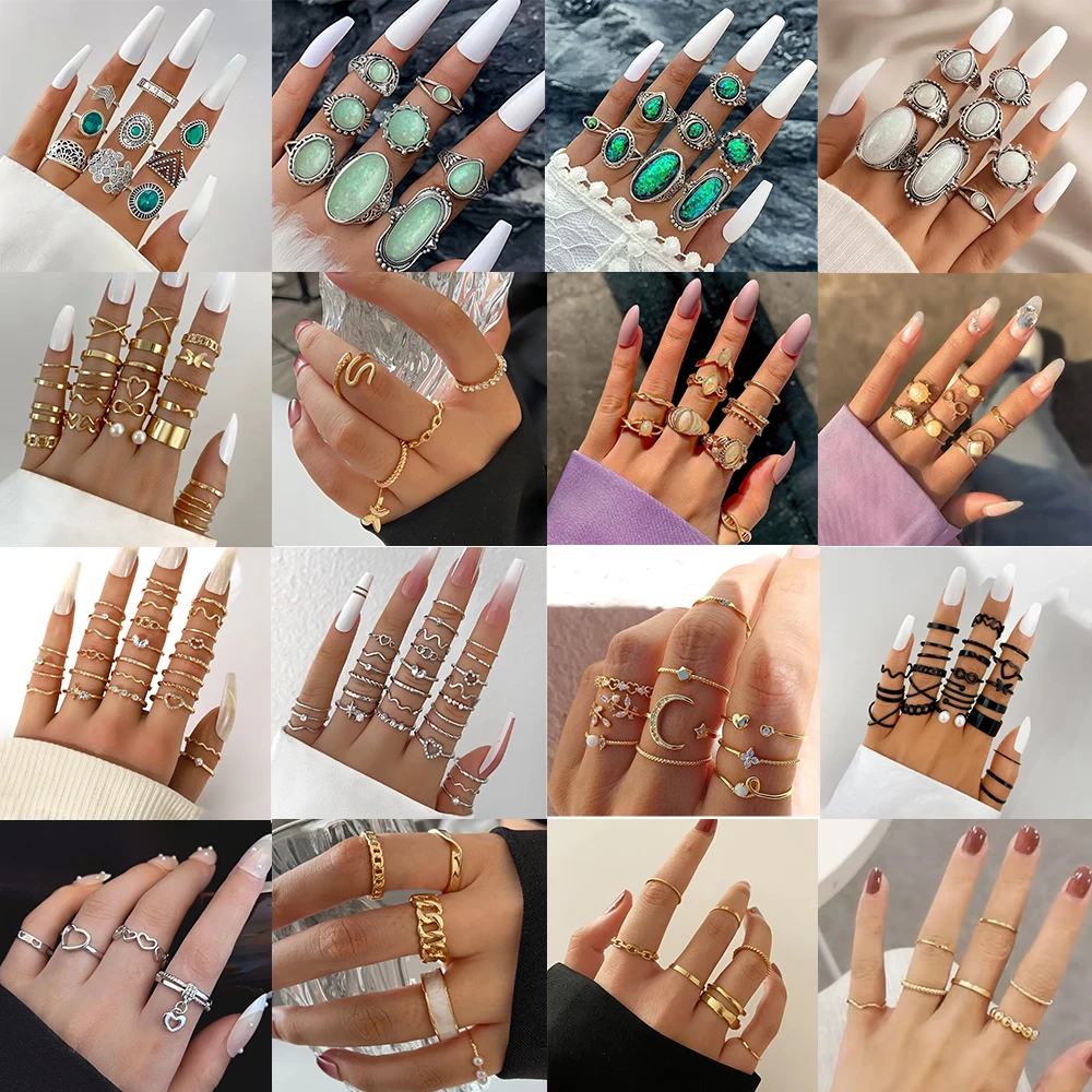 8 Piece Knuckle Rings New Classic Vintage Geometric Round Oval Imitation Opal Gemstone for Women Party Fashion Gifts Jewelry