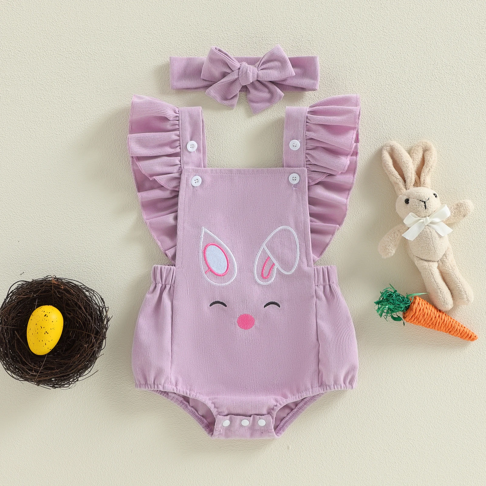 

Пасхальный наряд для маленьких девочек, комбинезон с рукавами-крылышками и квадратным вырезом, комбинезон с вышивкой кролика и повязкой на голову, комплект одежды из 2 предметов для детей 0-18 месяцев