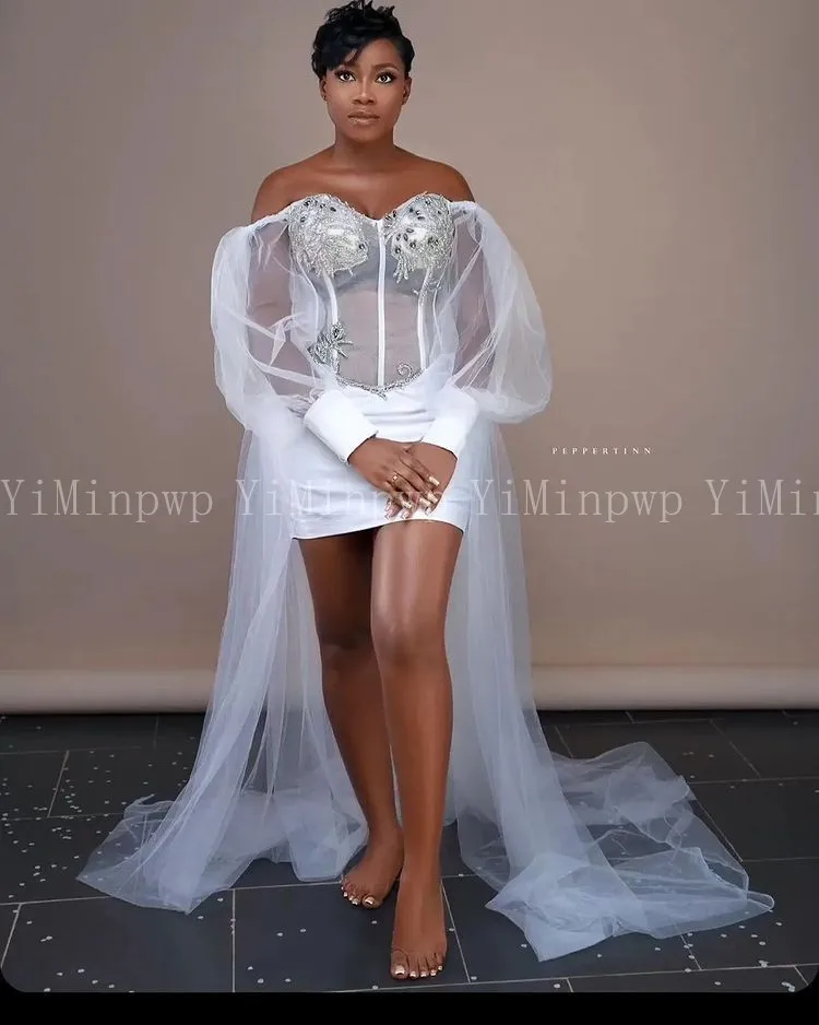 White Wedding Dresses for Bride Corset Off Shoulder Long Sleeve Africa Nigeria Tulle Bridal Shower Photoshoot Dress Customized