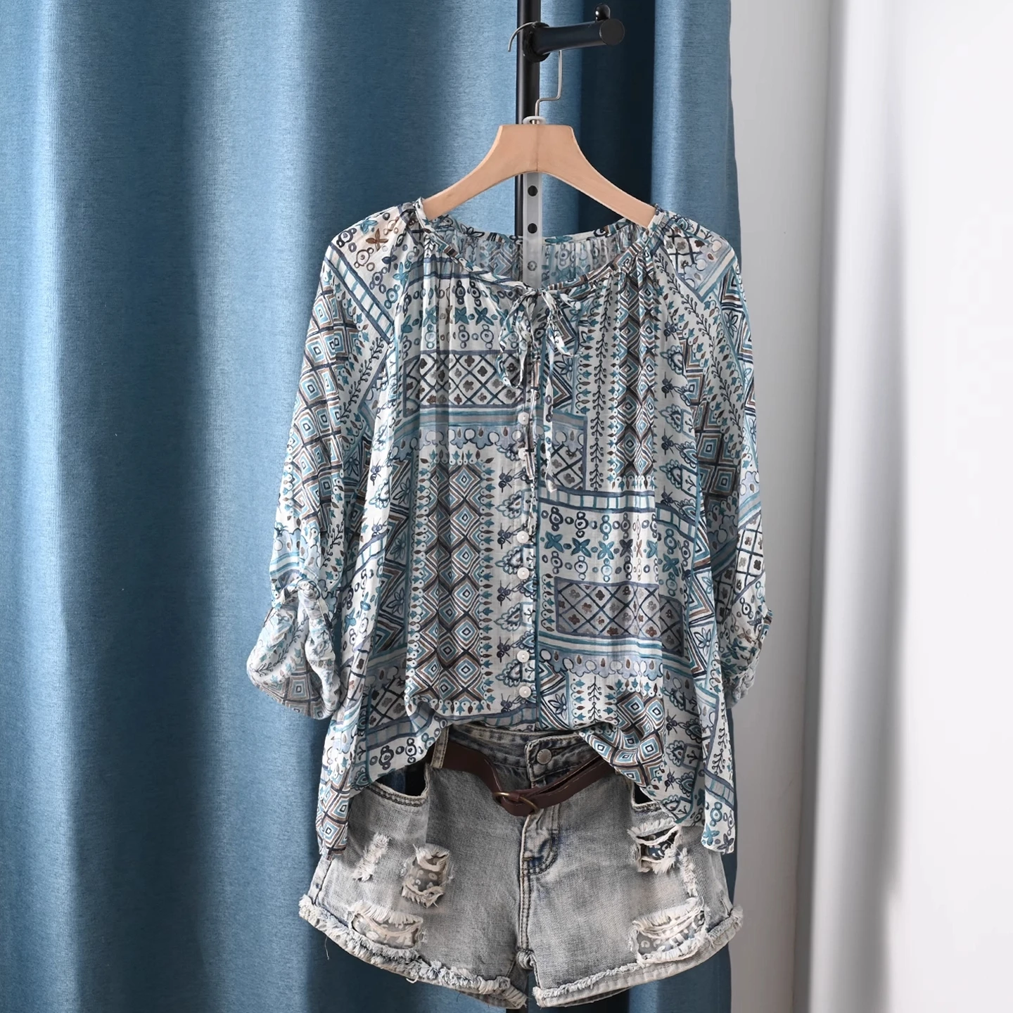 2025 Ethnic shirts and blouses for women summer Mexican style geometric print shirts 3/4 sleeves tops boho clothing