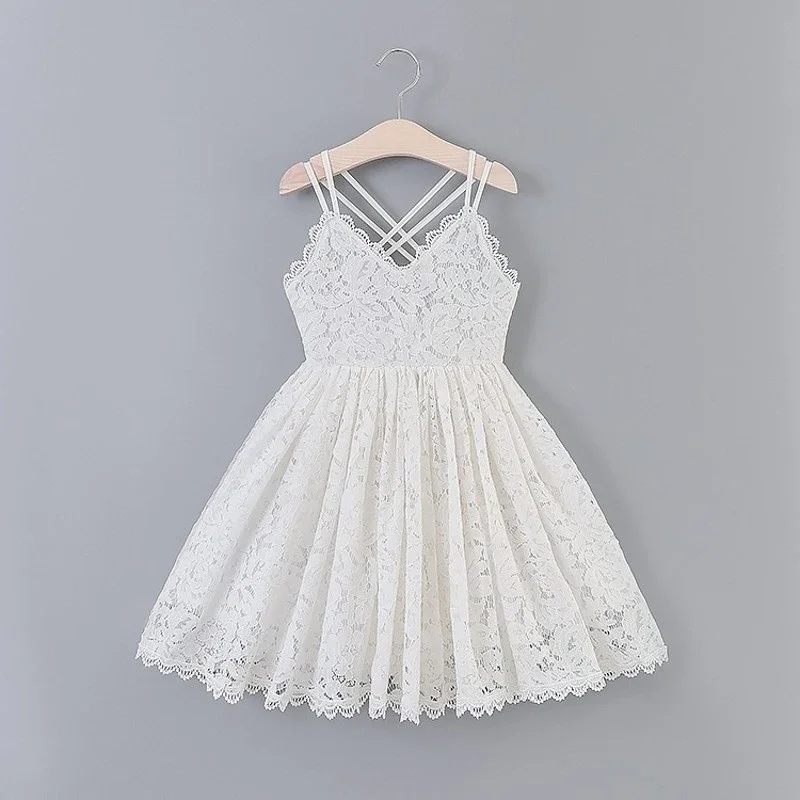 White Flower Lace Princess Summer Dress For Girls Kids Sling Casual Dresses 3 6 8Y Children Clothes Little Girls Vestidos Infant