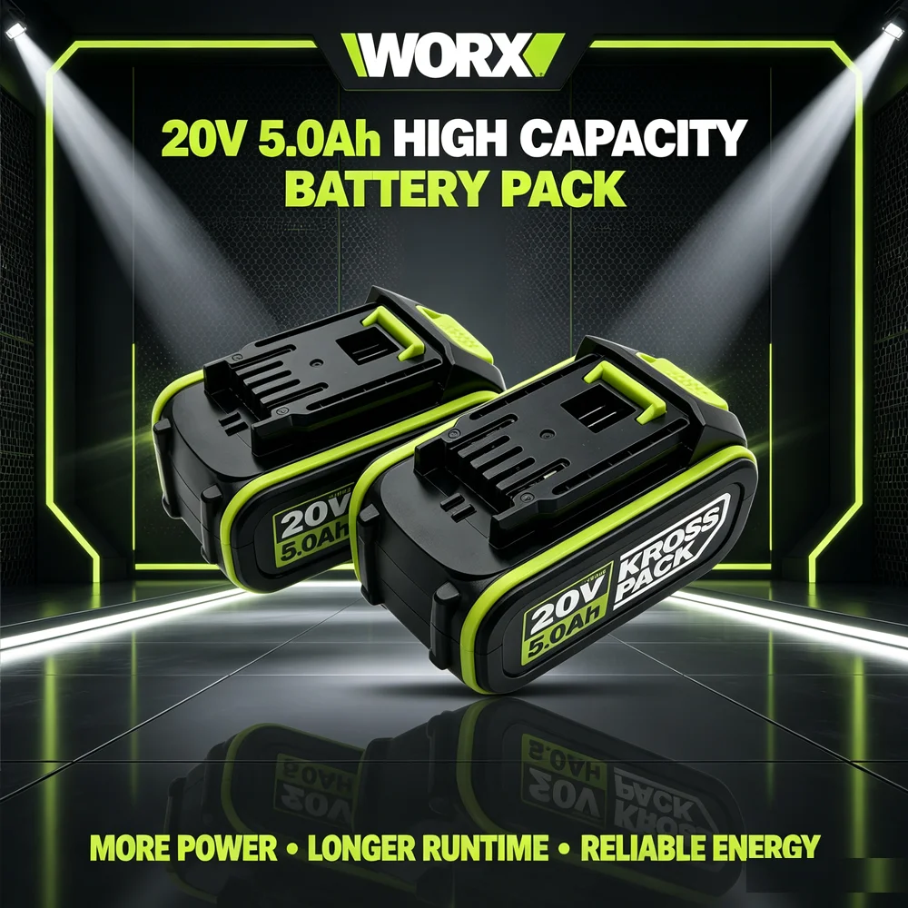 High Capacity WORX Green 5-Pin 20V 5000mAh/6000mAh/8000mAh Lithium-ion Replacement Battery Fit WA3551 WA3553 WX373 Power Tools