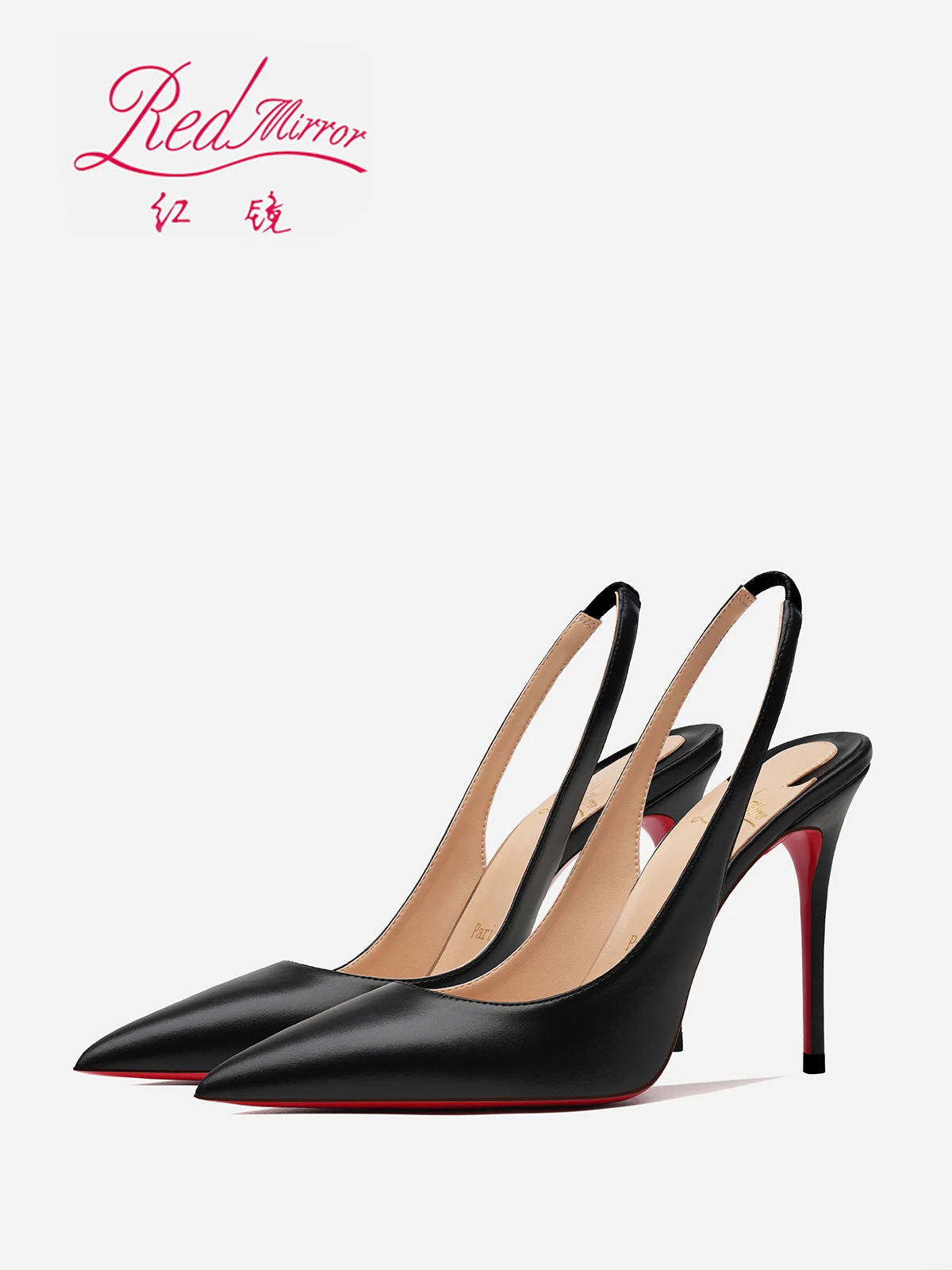 

2025 new pointed red sole leather black single shoes socialite versatile thin heel empty bag head high heels sandals