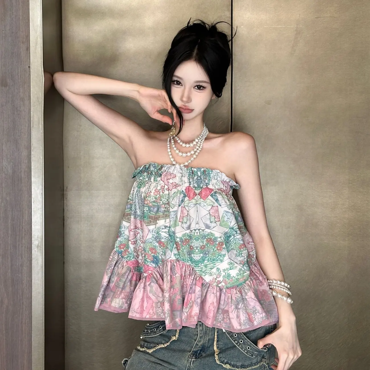 

Винтажный топ-жилет в стиле пэчворк с принтом, летний, с цветочным рисунком, ретро, женская внутренняя одежда, А-силуэт, на узких бретелях