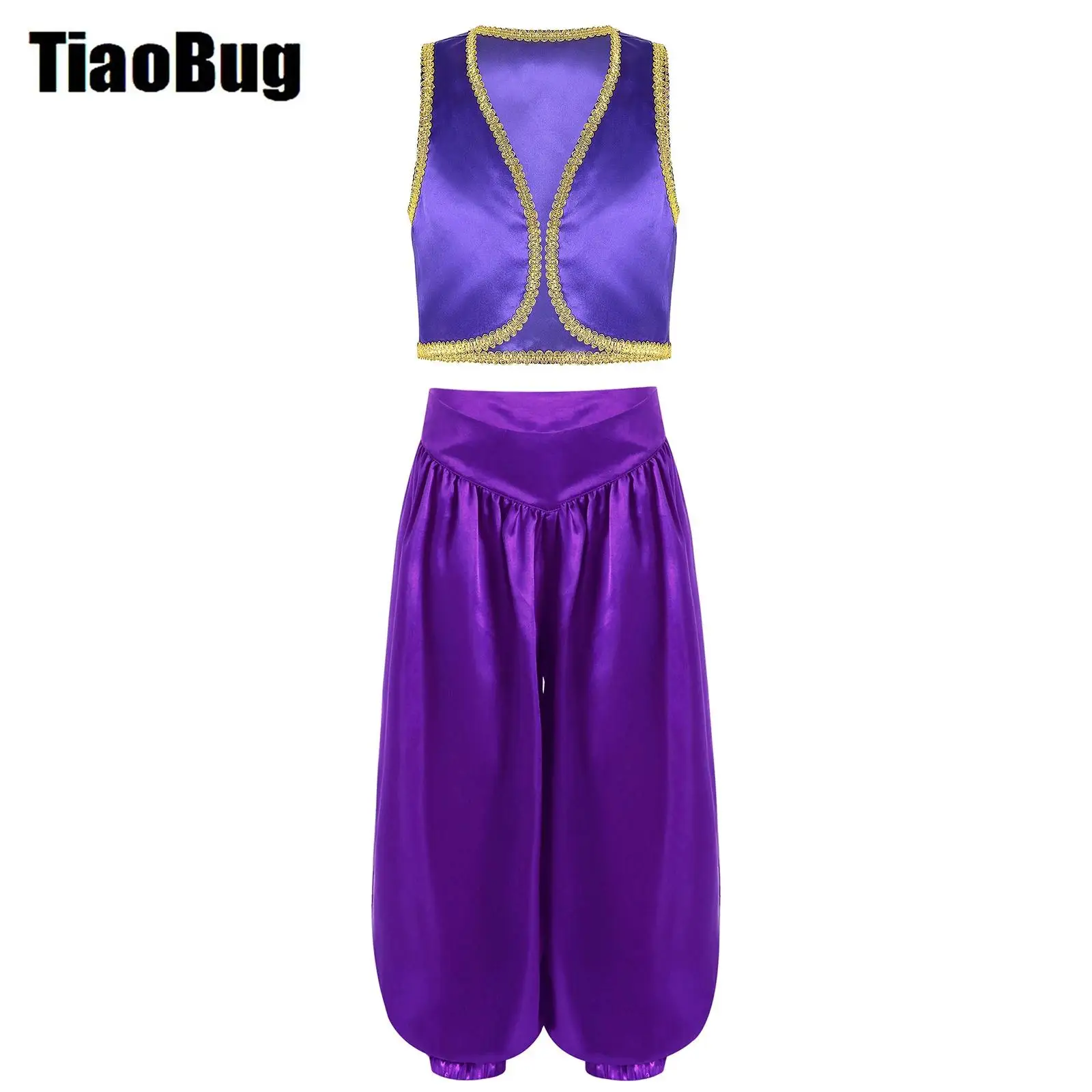 

Kids Fairytale Character Cosplay Costume Sets Golden Trim Vest with Wide-Leg Satin Bloomers Pants Performance Halloween Costume