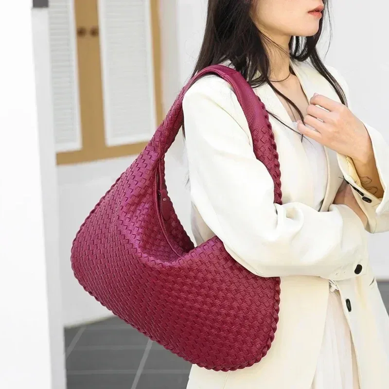 New Vegan Leather Hobo Bag Handmade Woven Casual Female Half Moon Handbag Big Capacity Patchwork Zipper Women Tote Shoulder Bags