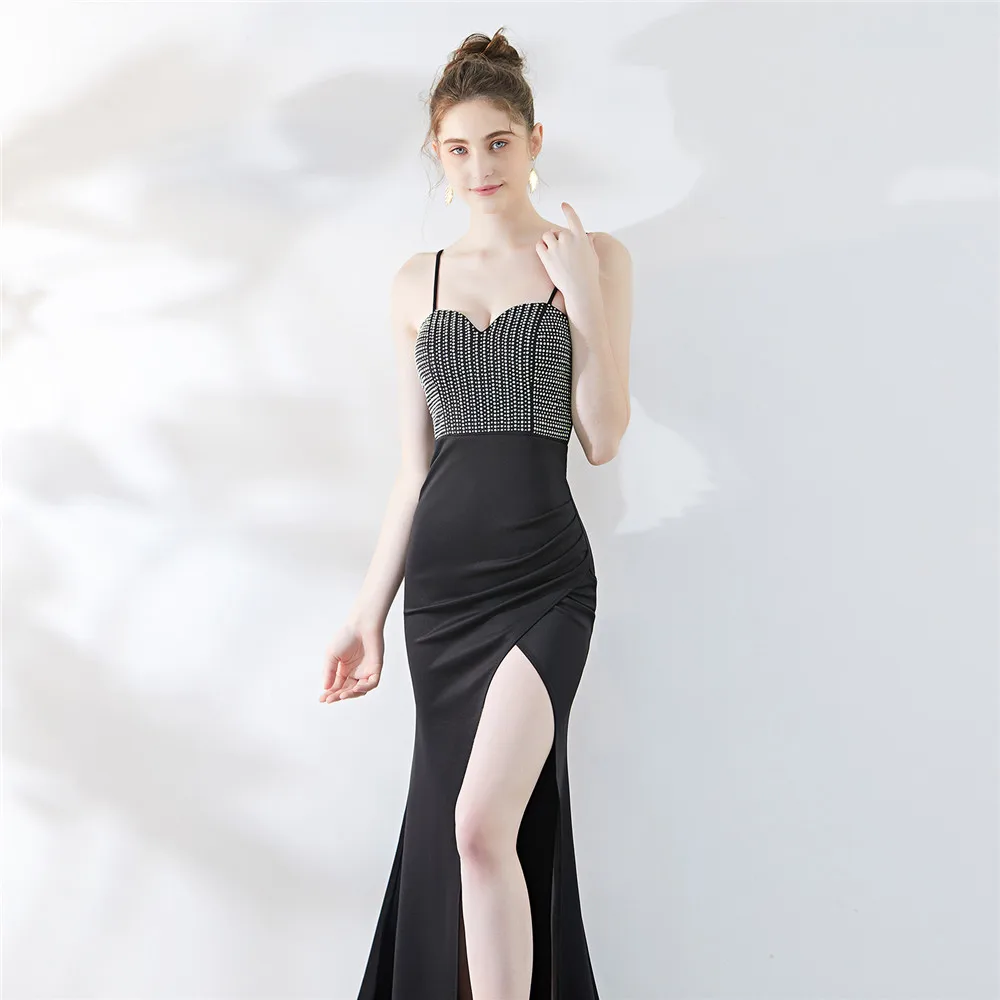 Women Sexy Strap Dress High Slit Evening Party Wear Crystal Dress