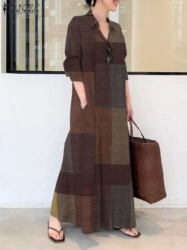 ZANZEA 2023 Autumn Dresses Women Vintage Check Shirt Dress Casual Loose Holiday Robe Full Sleeve Lapel Maxi Long Vestidos Kaftan