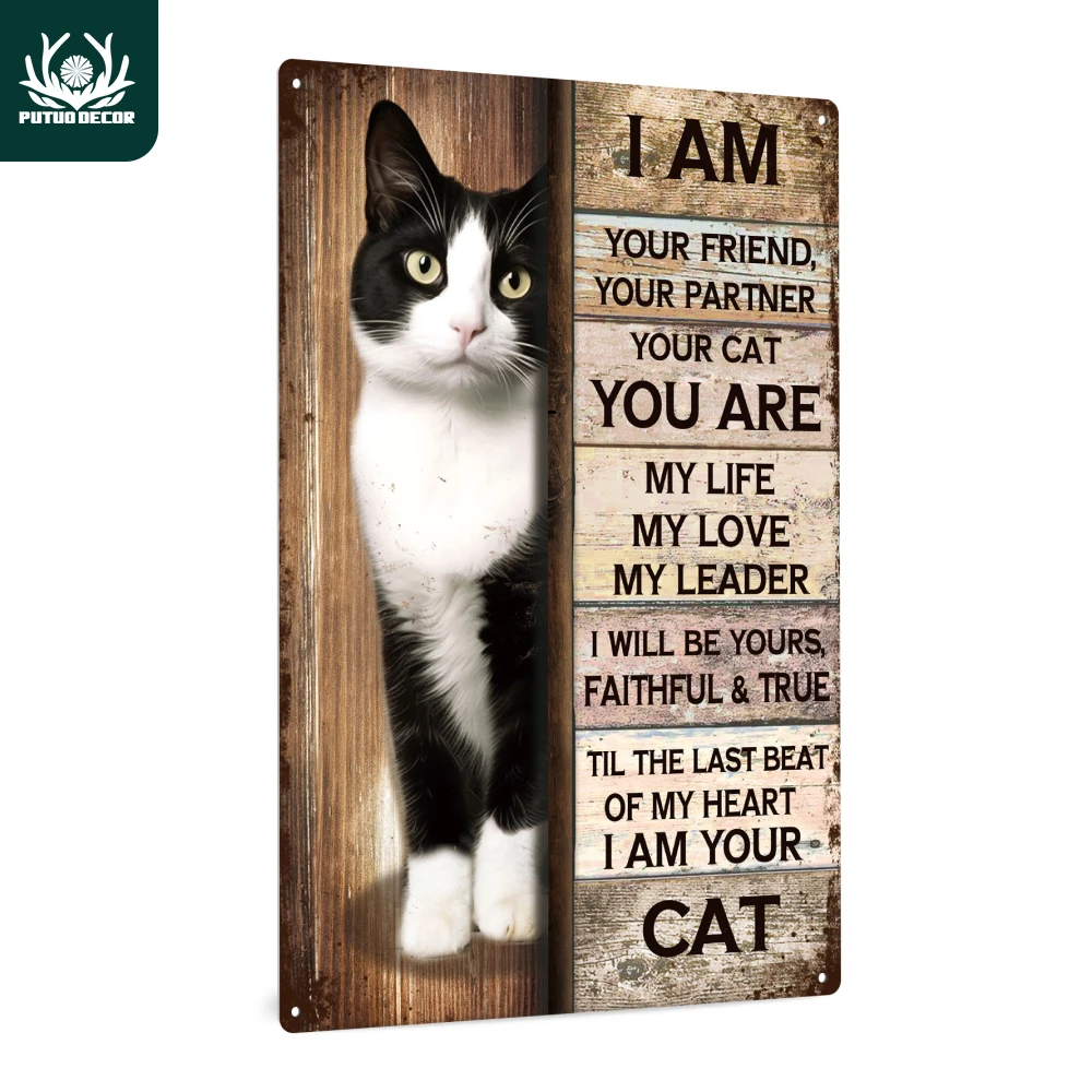 Putuo Decor 1pc Black Cat Vintage Metal Tin Sign, I Am Your Friend, Wall Art Decor for Home Living Room Bar Pub Cafe Farm Room