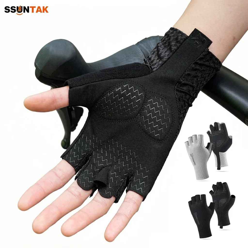 

SSUNTAK Breathable Sweat-absorbent Half Finger Cycling Glove Summer Ultralight Silicone Pad Road Bike Glove for Men Women Sports